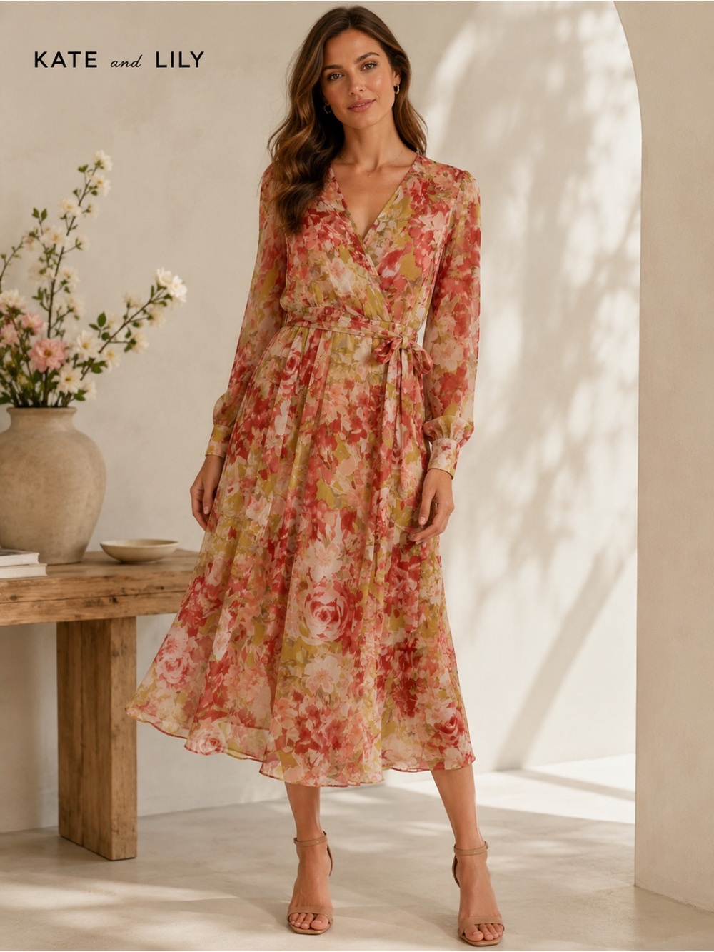 Kate & Lily Floral Wrap Midi Dress Size 6 Long Sleeve Belted Chiffon Pink Coral